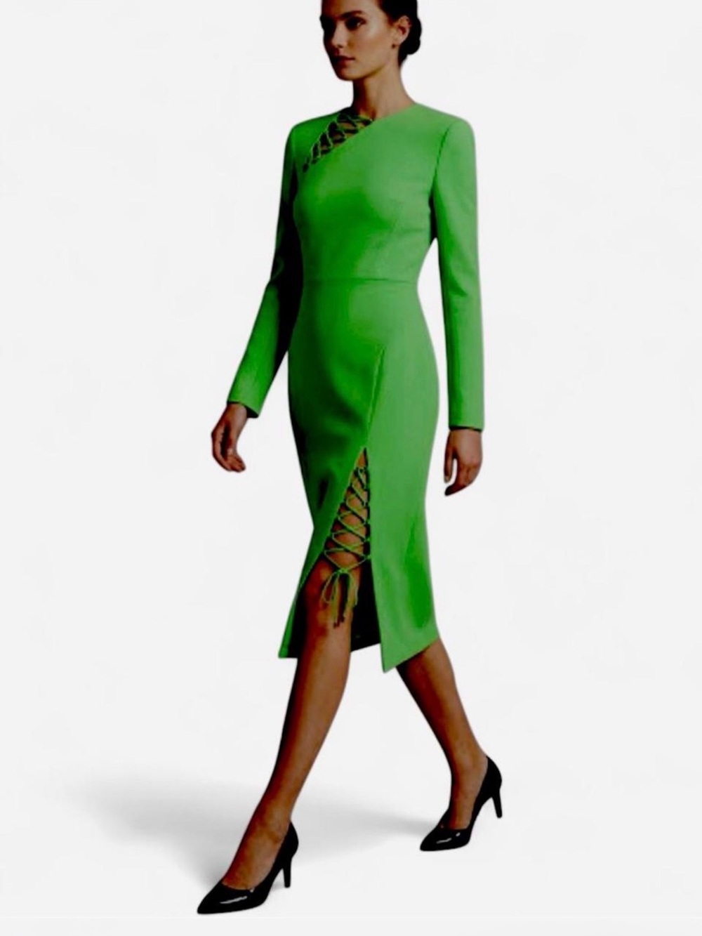 Karen Millen Bright Green Lace-Up Midi Dress